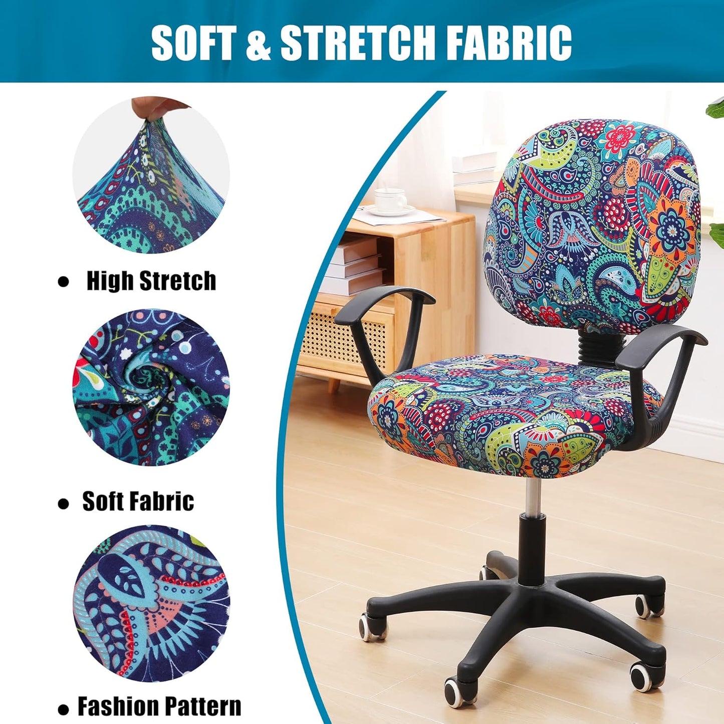 Smiry Printed Office Computer Chair Seat Covers, Stretch Fit Universal Desk Rotating Chair Cover Washable Removable Seat Cushion Protectors - Blue Green