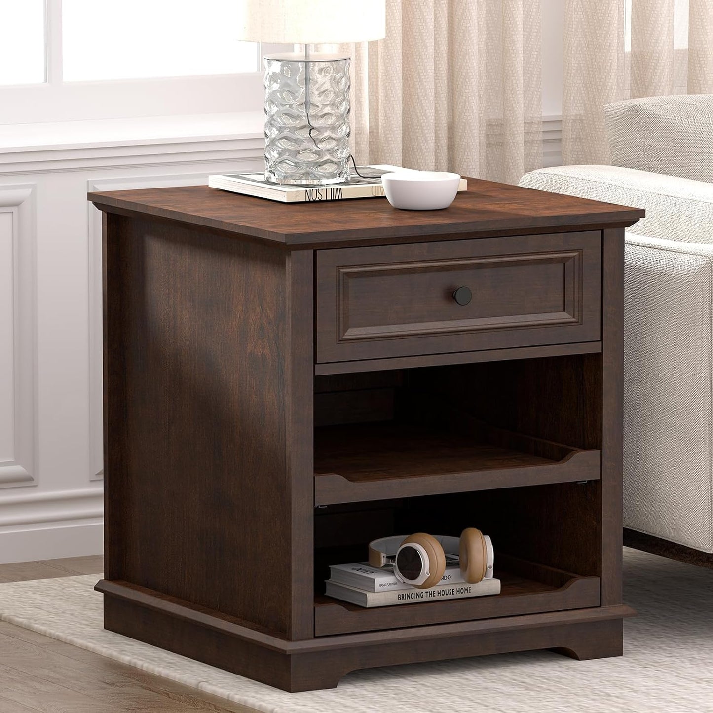 Lateral File Cabinet 3 Drawer File Cabinet with Charging Station, Wood Lateral Filing Cabinet, Printer Stand with Open Adjustable Storage Shelves for Home Office, Cherry