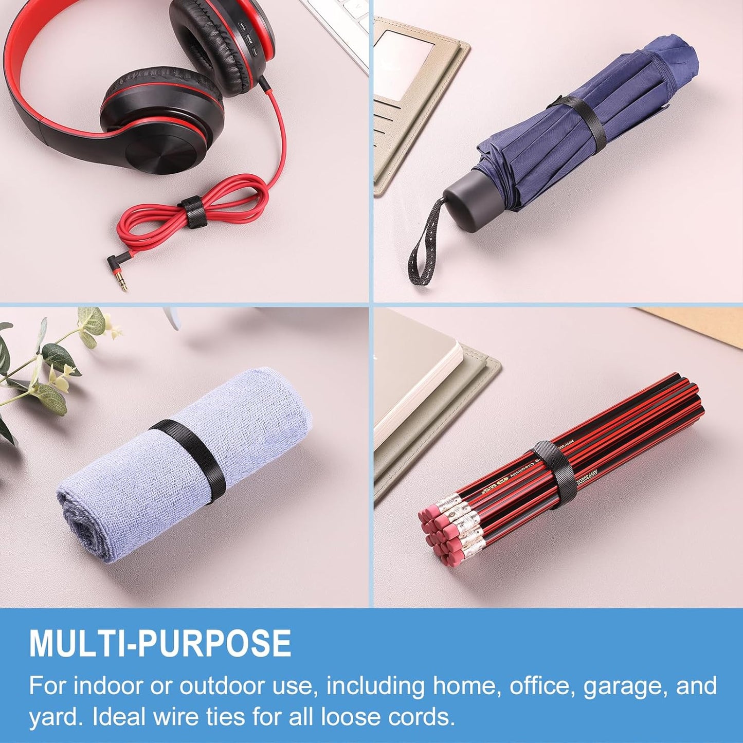 100 PCS 8 Inches Reusable Cable Ties | Adjustable Cord Wraps, Cable Straps | Hook & Loop Cord Organizer, Cable Management