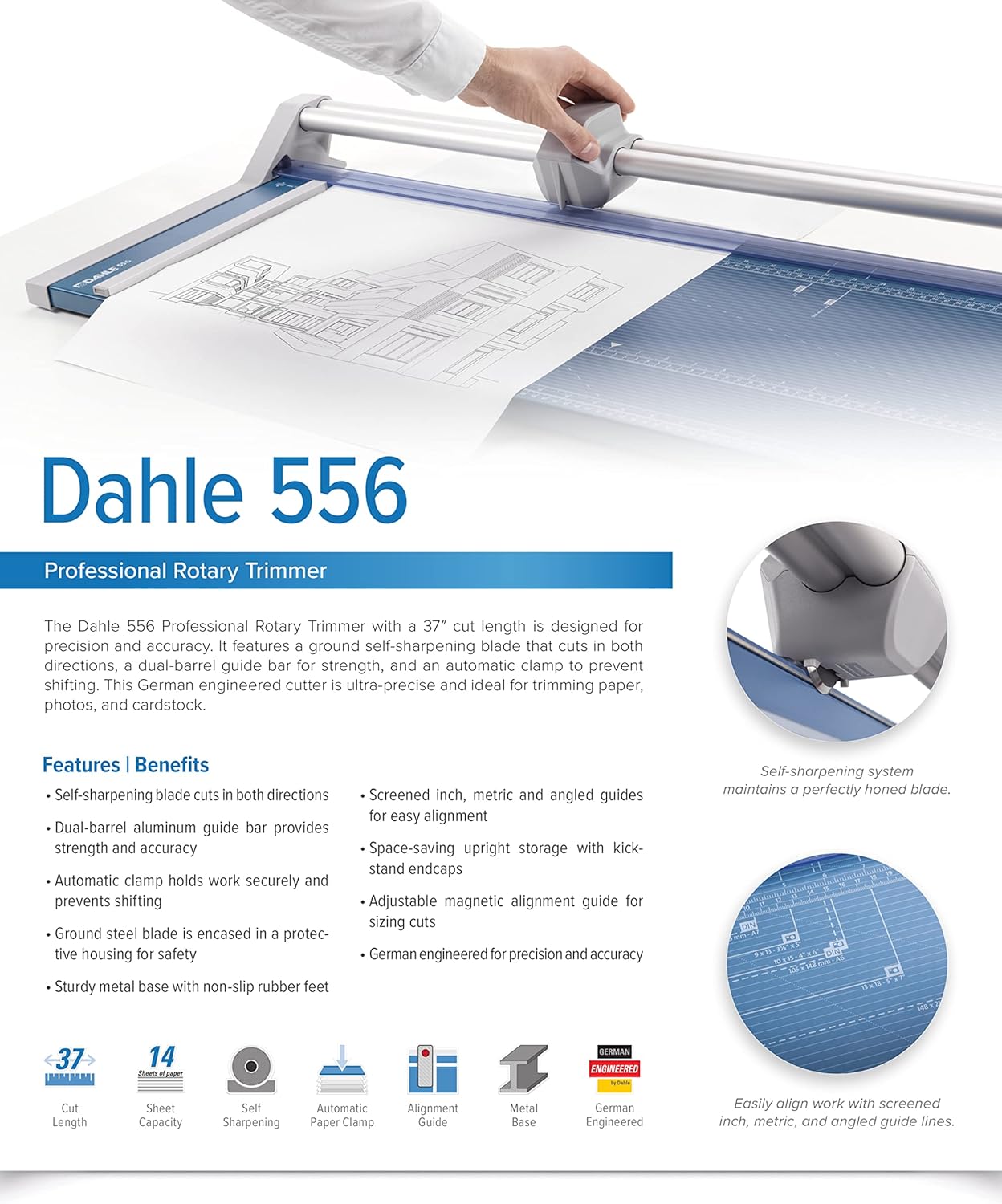 Dahle 556 Professional Rotary Trimmer, 37" Cut Length, 14 Sheet Capacity, Self-Sharpening, Dual Guide Bar, Automatic Clamp, German Engineered Paper Cutter