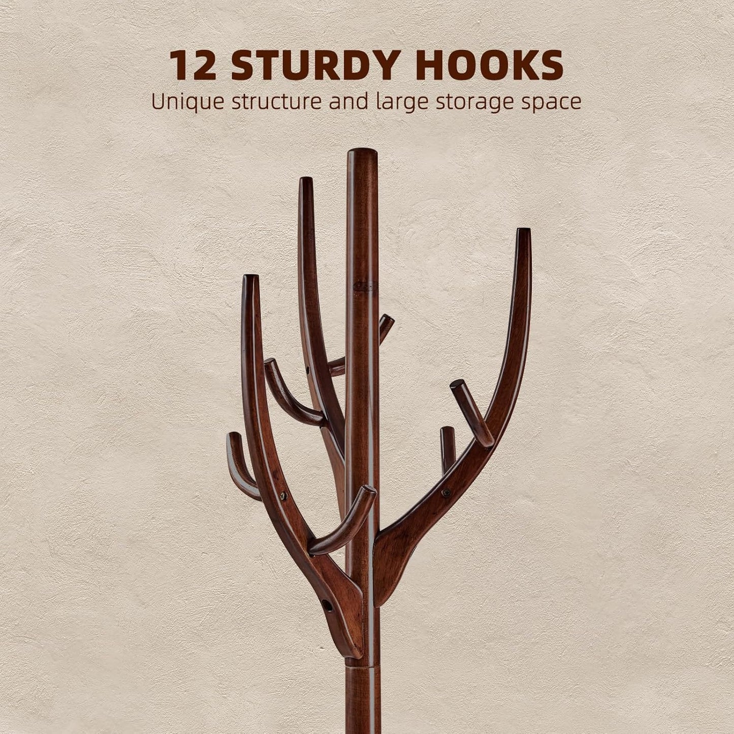 Uniclinens Coat Rack Freestanding Solid Wood Coat Tree Standing with 12 Hooks, Coat Rack Stand Creative Tree Branch-look (Dark Walnut)