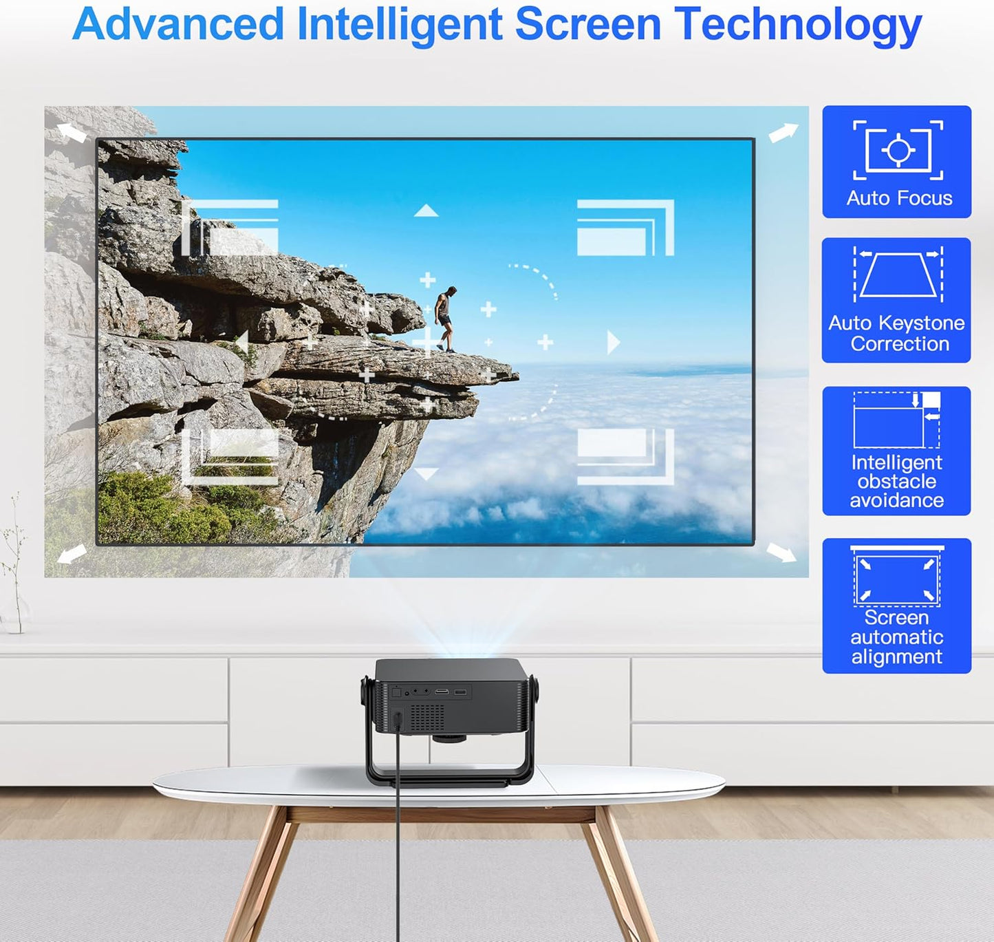 【NEW】Mini Projector with WiFi and Bluetooth,YouTube, Screen mirroring and more. Auto Focus & Keystone, Native 1080P, 300 ANSI Lumen, Indoor/Outdoor Home Movie Projector by IOLIEO