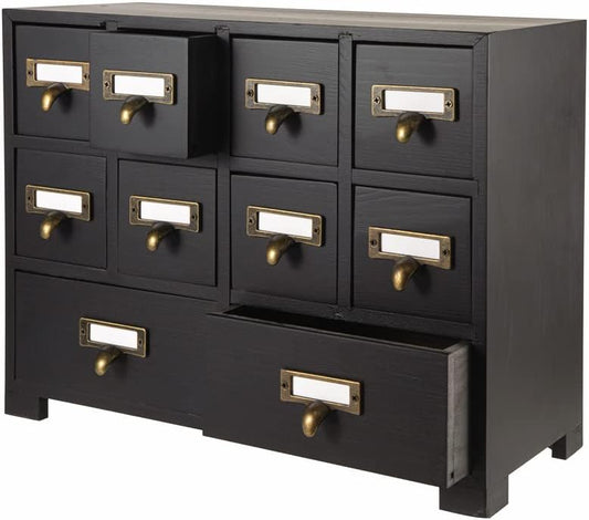 Apothecary Cabinet with 10 Drawers & Labels Rustic Library Card Catalog Cabinet Desktop Wooden Storage Box for Organize Herbal、Tea Bag、Jewelry (Black)
