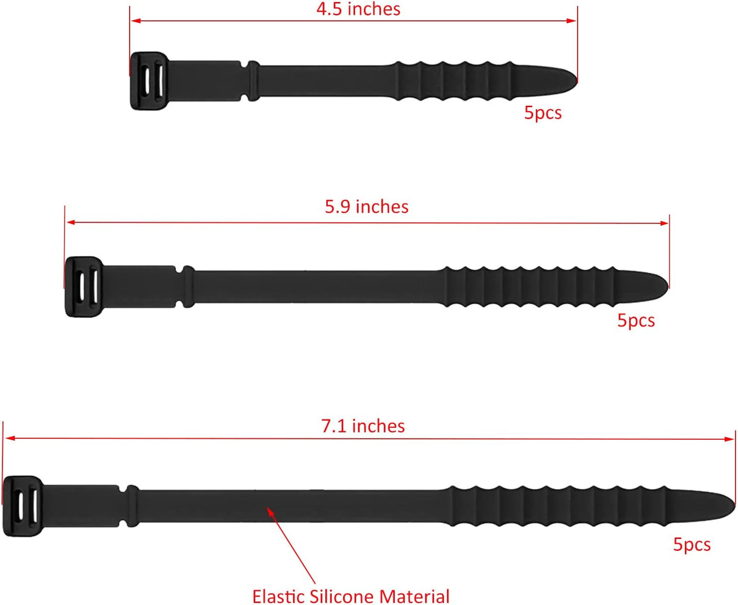 Silicone Zip Ties, Reusable Zip Ties, Rubber Cable Ties Straps for Wire Management, Elastic Silicone Ties Cable Organizer for Home Office, Cord Ties in Three Sizes 4.5" 5.9" and 7.1" (5+5+5 Pcs Black)