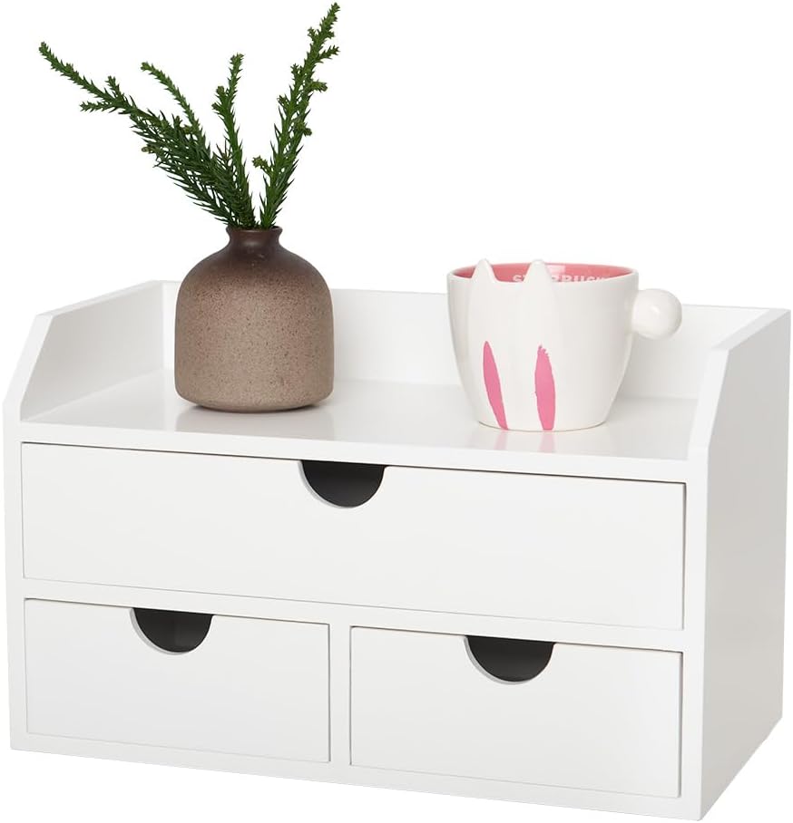 ROSE BLOOM White Wood Desk Organizer with 3 Drawer, Mini Cute Cabinet with Storage Shelf for Tabletop, Small Desktop Box Organizer for Cosmetic Office Supplies