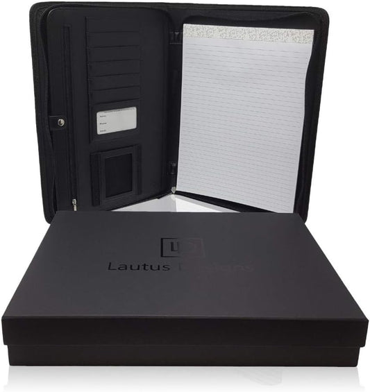 Matt Black Zippered Portfolio Binder - PU Leather Business Portfolio Organizer - Padfolio for Men & Women with US Letter Notepad, 10.5 Inch Tablet Pocket & Gift Box by Lautus Designs