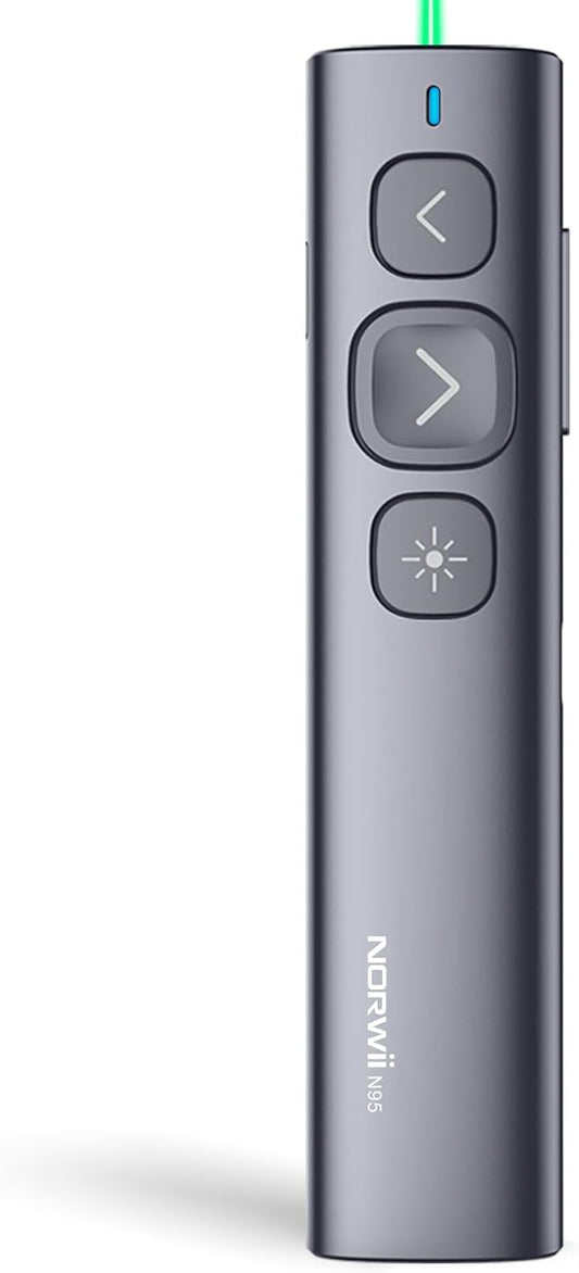 Norwii N95 Presentation Clicker, PowerPoint Clicker for Presentation Remote, Rechargeable Wireless Presenter Pointer, Slide Advancer for PC/Laptop/e-Book (BLE&USB-A&C, Green Light)
