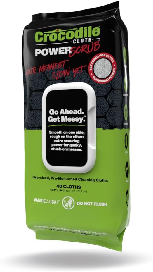 Crocodile Cloth Power Scrub - 40 (15" x 10") Heavy Duty Cleaning Wipes. Safe on Skin & Multiple Surfaces. Infused with Aloe & Vitamin E. Textured, Large, Pre-Moistened & Absorbent.