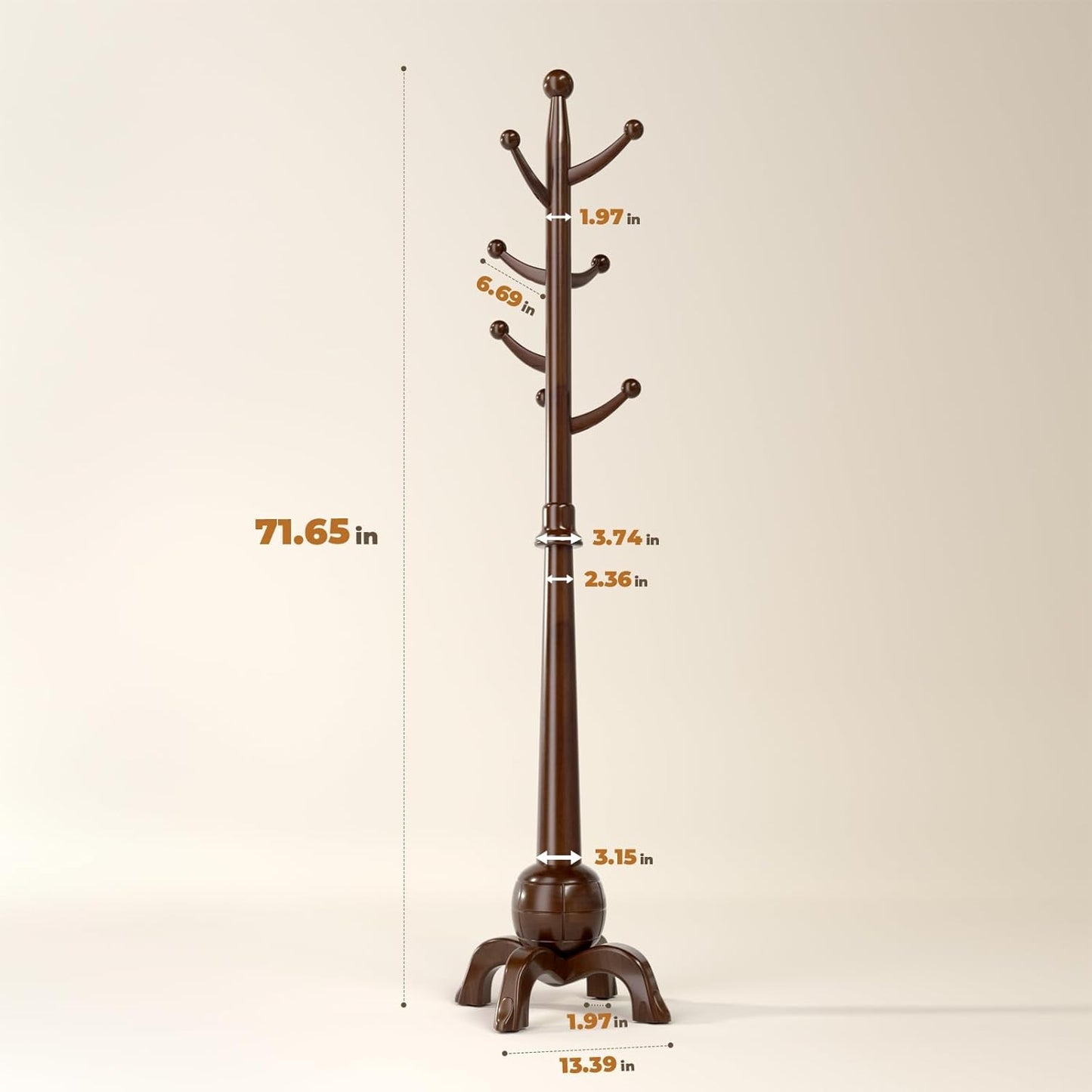 Wood Coat Rack Freestanding, Solid Wooden Hall Tree with 8 Hooks, Coat Tree Freestanding Heavy Duty with Stable Base, Entryway Hallway Bedroom Office Use, 240lbs Load Capacity H:71.6in (Walnut)