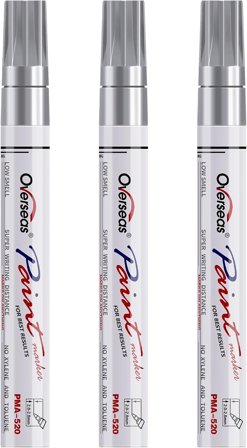 Overseas Permanent Paint Markers Pens - 3 Pack Silver Oil Based Paint Pens, Medium Tip, Quick Drying and Waterproof Marker Pen for Metal, Rock, Wood, Fabric, Plastic, Canvas, Mugs, Stone, Glass