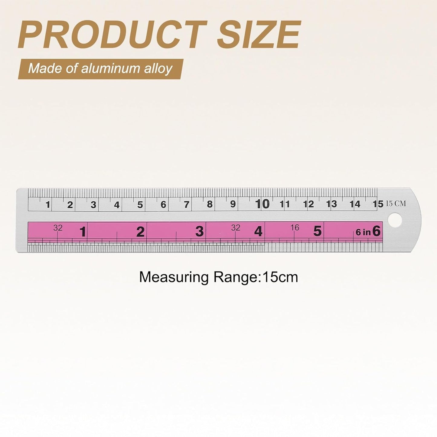 HARFINGTON 2pcs Metal Straight Ruler 15cm Metric SAE Aluminum Alloy Measuring Rulers Scale Tools with Hole for Measure Study Reading Classroom Office, Pink