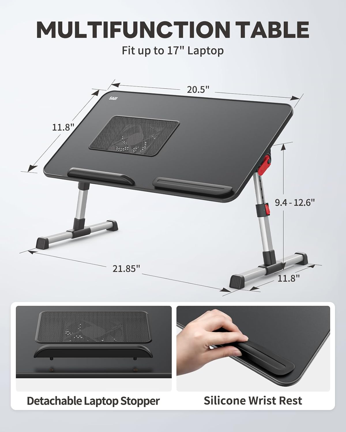 Laptop Desk for Bed with Cooling Fan, SAIJI Height & Angle Adjustable Laptop Stand for Bed, Lap Desk Tray Table, Lightweight Foldable Portable Computer Table for Couch Sofa Chair Floor Desk (Black)