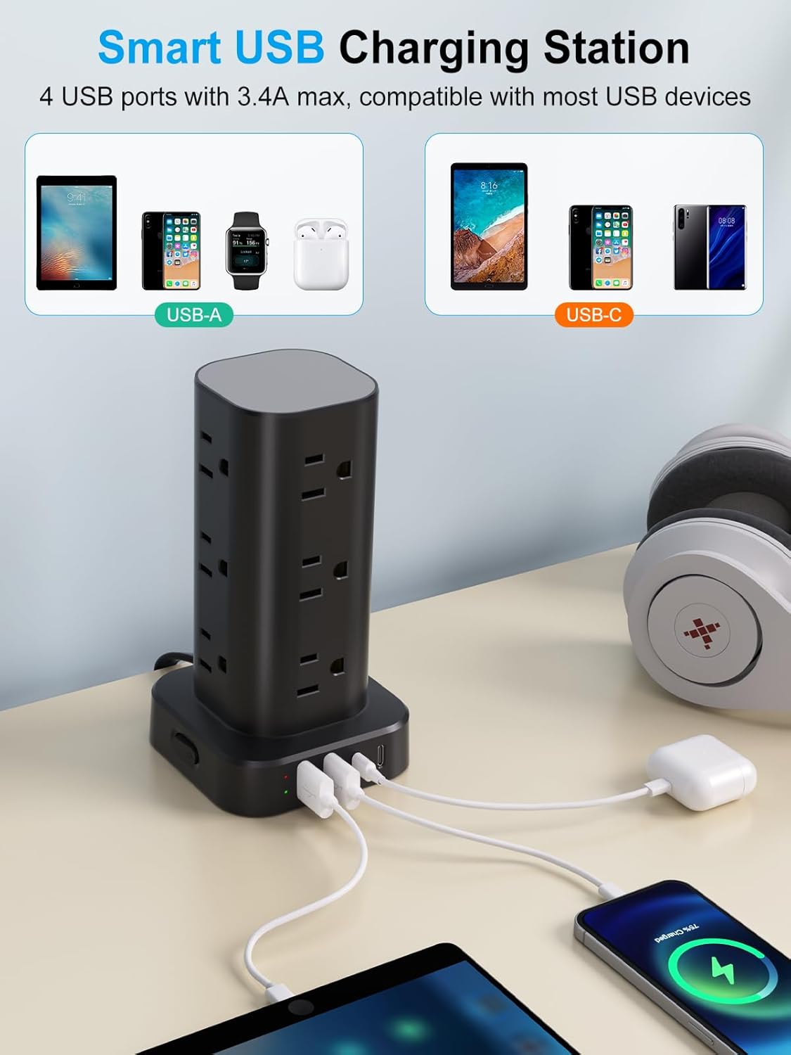 Power Strip Tower with Wireless Charger, Flat Plug Surge Protector Tower with 10FT Extension Cord, 12 AC Multiple Outlets, 4 USB (2 USB C),15W Wireless Charging Power Tower for Home Office Dorm, Black