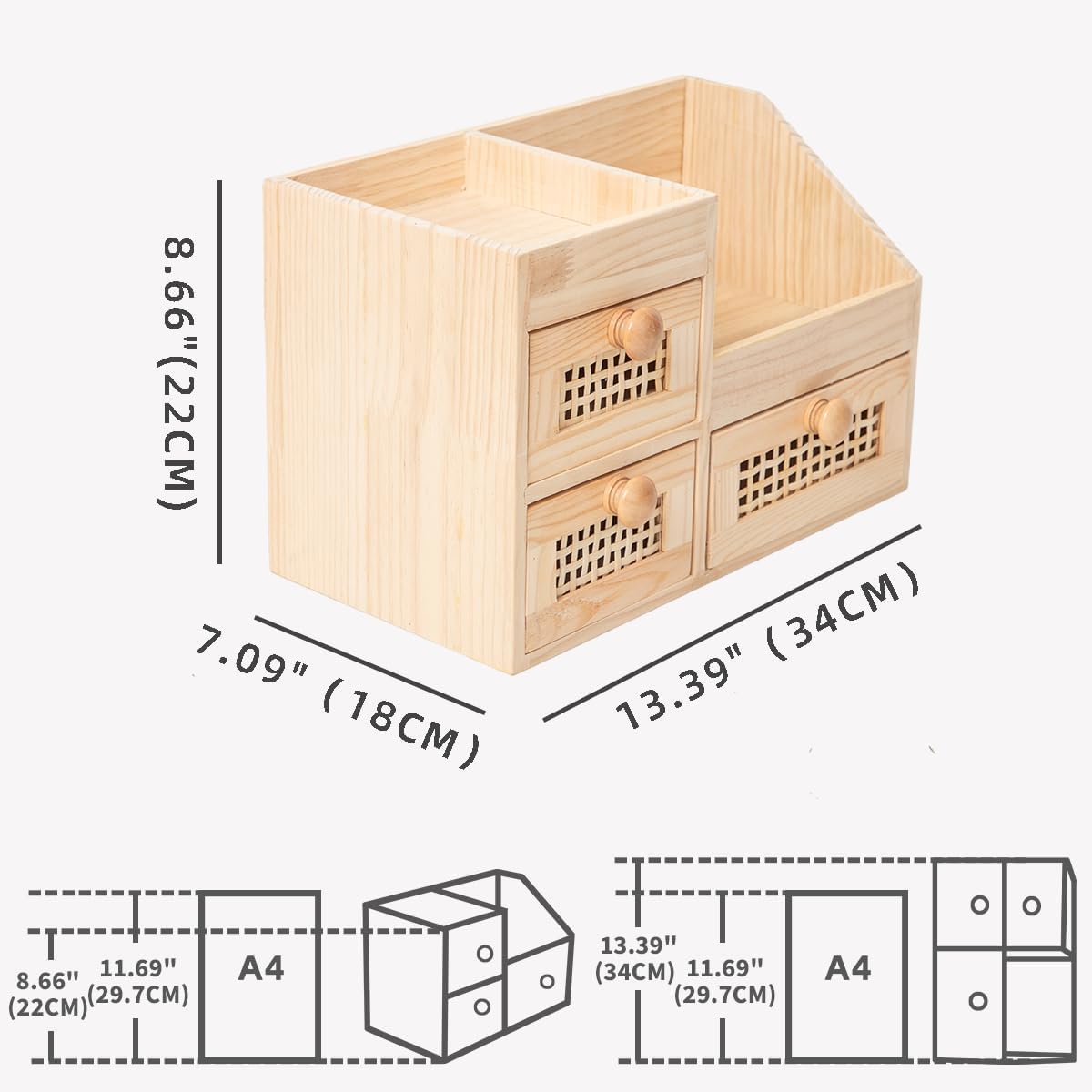 GYASVWU Bamboo Desk Organizer-No Assembly Required,Mini Bamboo Desk Drawer Organizer,Tabletop Storage Box for Office/kitchen counter/Bedroom, No Assembly Required (3 Drawer with Shelf)