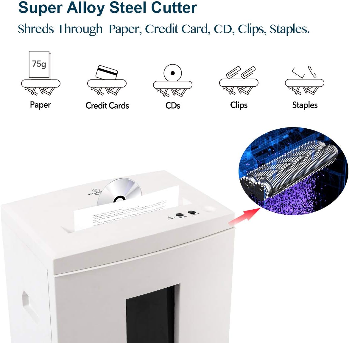 WOLVERINE 10-Sheet Super Micro Cut High Security Level P-5 Heavy Duty Paper/CD/Card Ultra Quiet Shredder for Home Office by 60 Mins Running Time and 6 Gallons Pullout Waste Bin SD9112(White ETL)