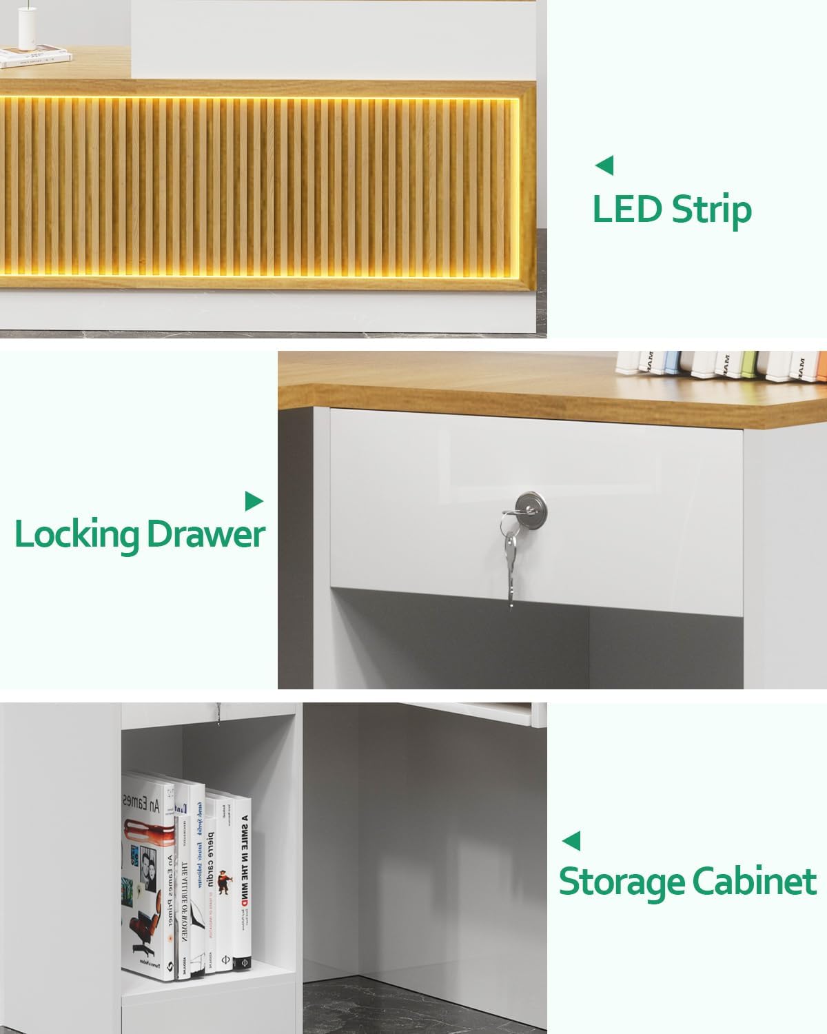 L Shaped Reception Desk, Solid Wood Front Desk with Counter & Lockable Drawers, Retail Checkout Customer 2 Person Secretary Desks for Home Office Lobby Store (70in,Left)