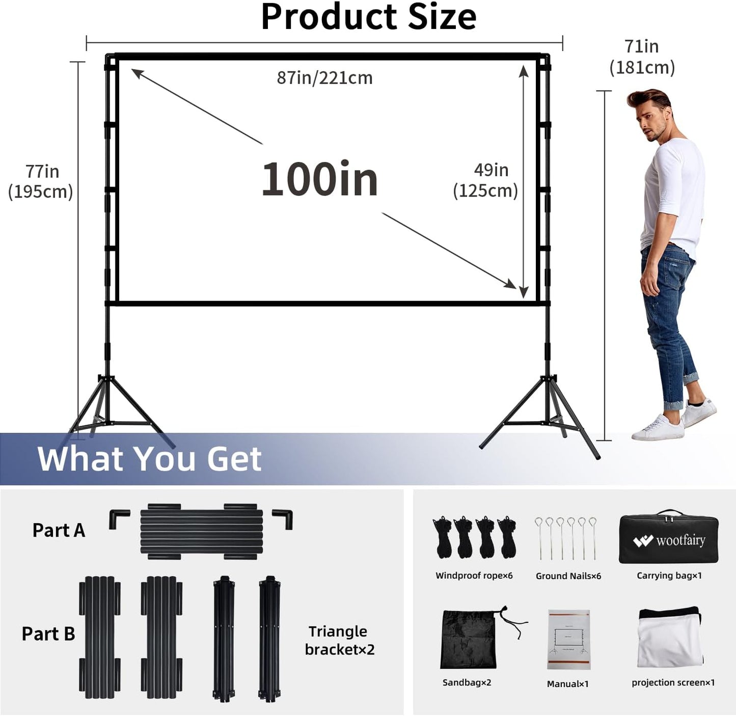 Projector Screen with Stand, Wootfairy 100 inch Foldable and Portable Projection Screen 16:9 4K HD Rear Front Wrinkle-Free Movie Screen with Carry Bag for Indoor Outdoor Home Theater Backyard Cinema