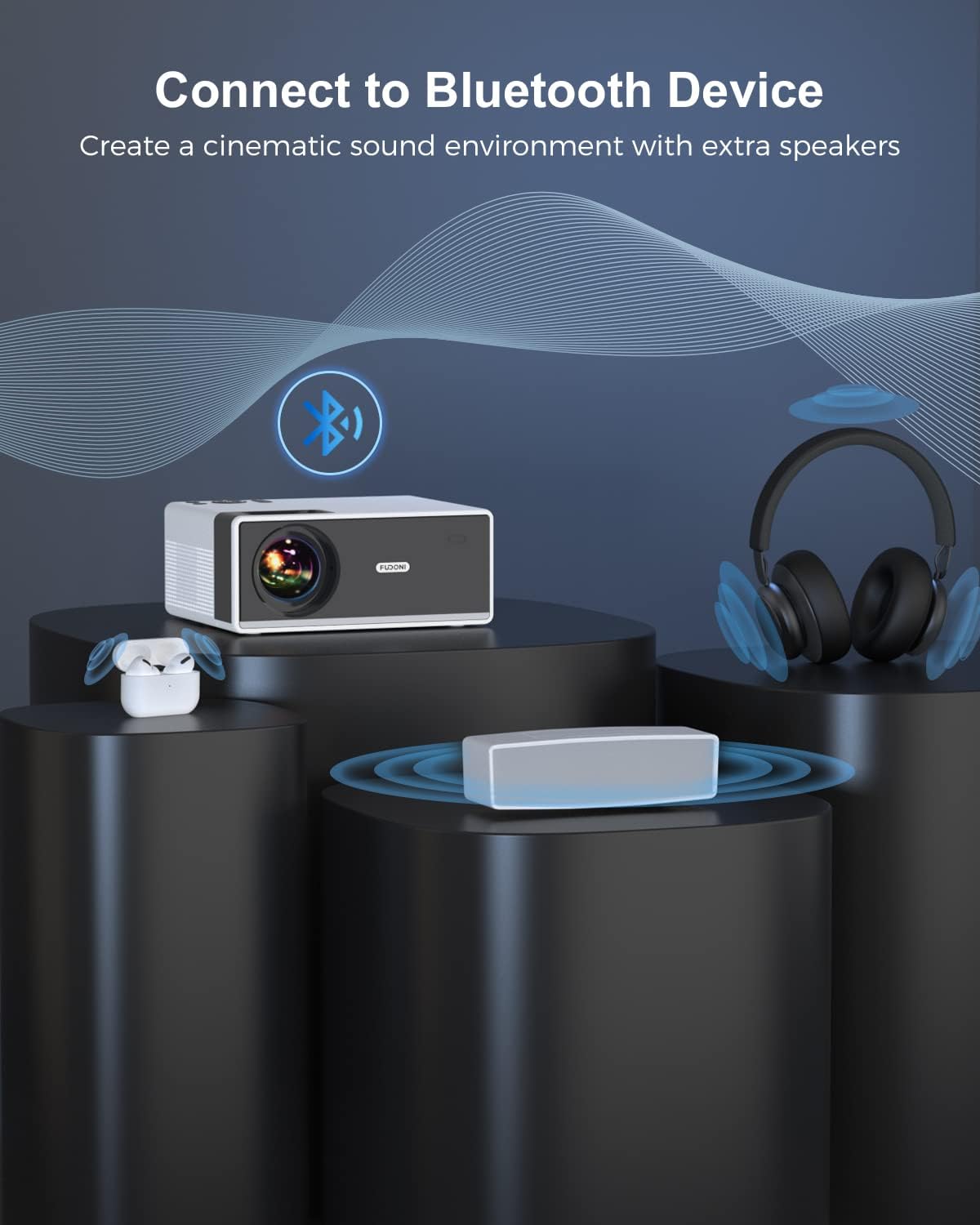 FUDONI Projector with WiFi and Bluetooth, Outdoor Portable 4K Support Projector HD 1080P Max 300" Display Zoom, Movie Video Home Theater Projector Compatible w/HDMI/USB/Phone/Laptop/TV Stick