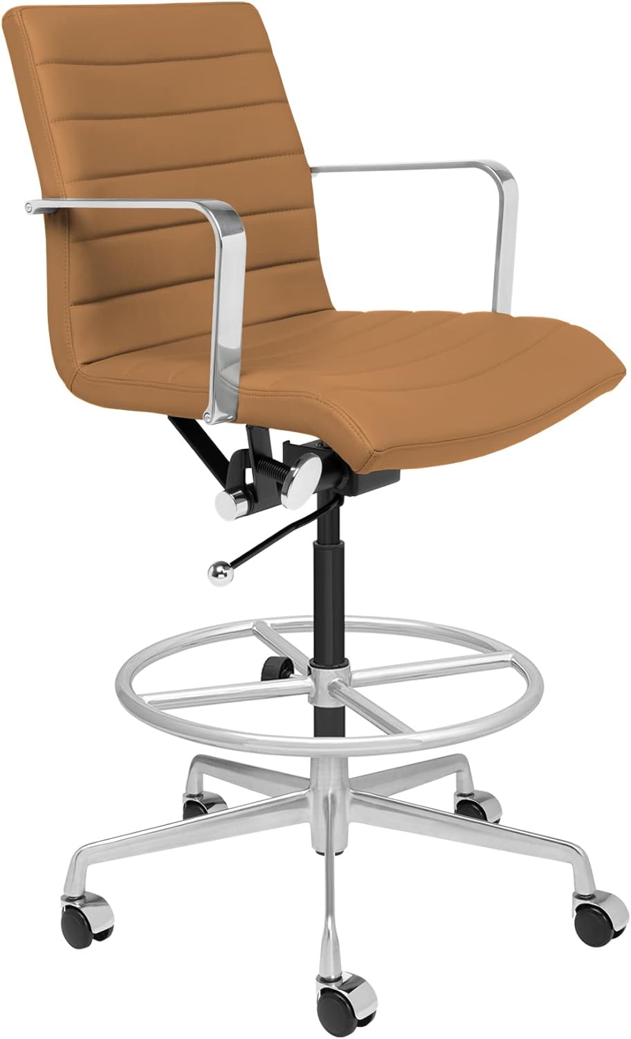 Laura Davidson Furniture SOHO II Ribbed Drafting Chair for Standing Desks, Standing Desk Chair - Ergonomically Designed, Commercial Grade Draft Height, Arm Rest & Cushion, Made of Faux Leather, Tan