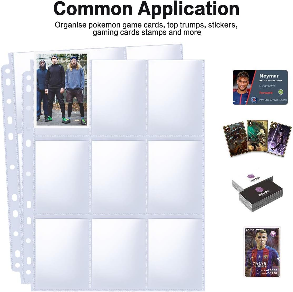 Trading Card Sleeve Pages, PANDRI 100 Pack 9 Pocket Trading Card Storage Album Pages 11 Holes Fit 3 Ring Binder