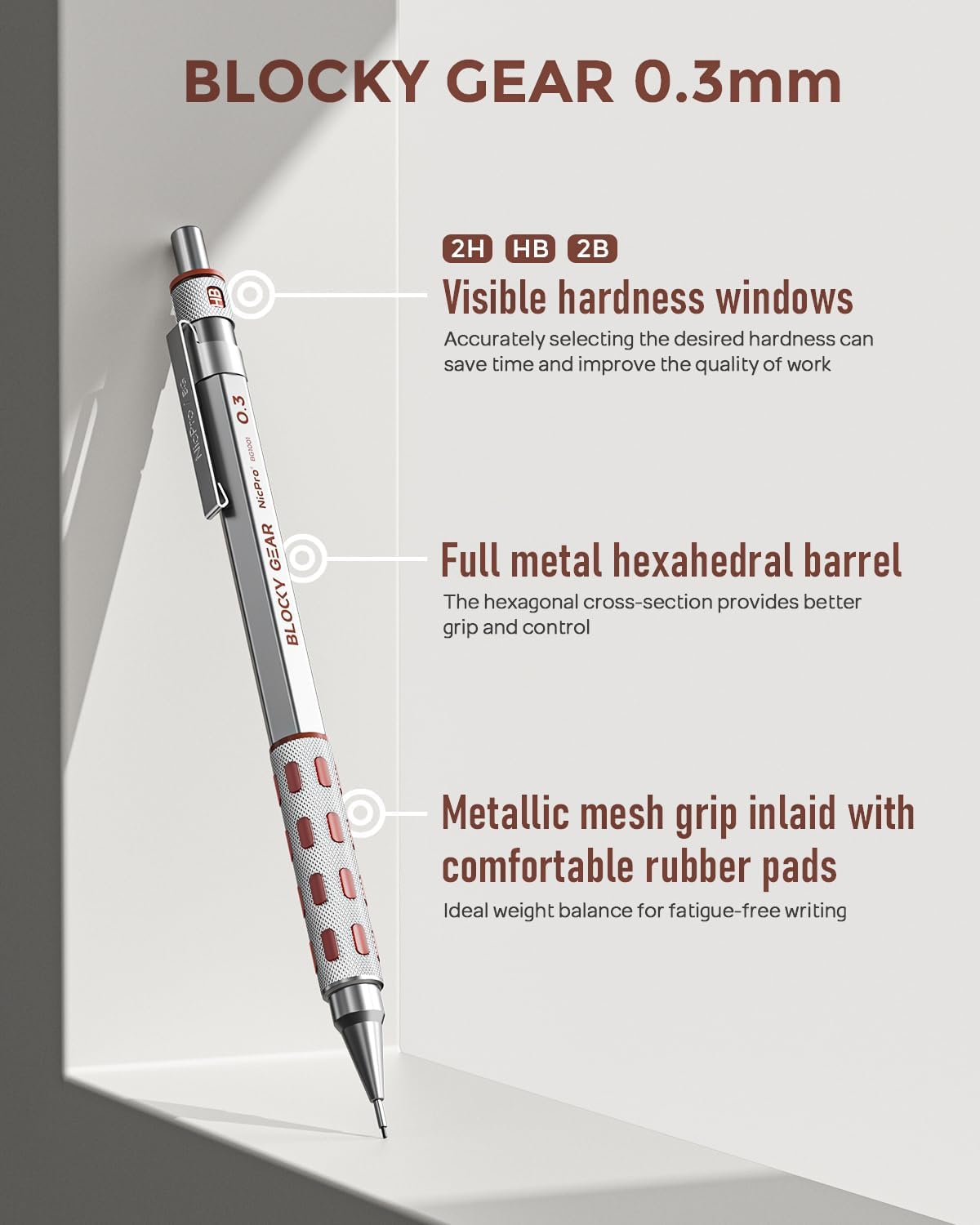 Nicpro Blocky Gear 0.3 mm Mechanical Pencils Set in Case, Metal Pencil with Lead Refills, Eraser for Professional & Adult Art Writing Drafting Drawing