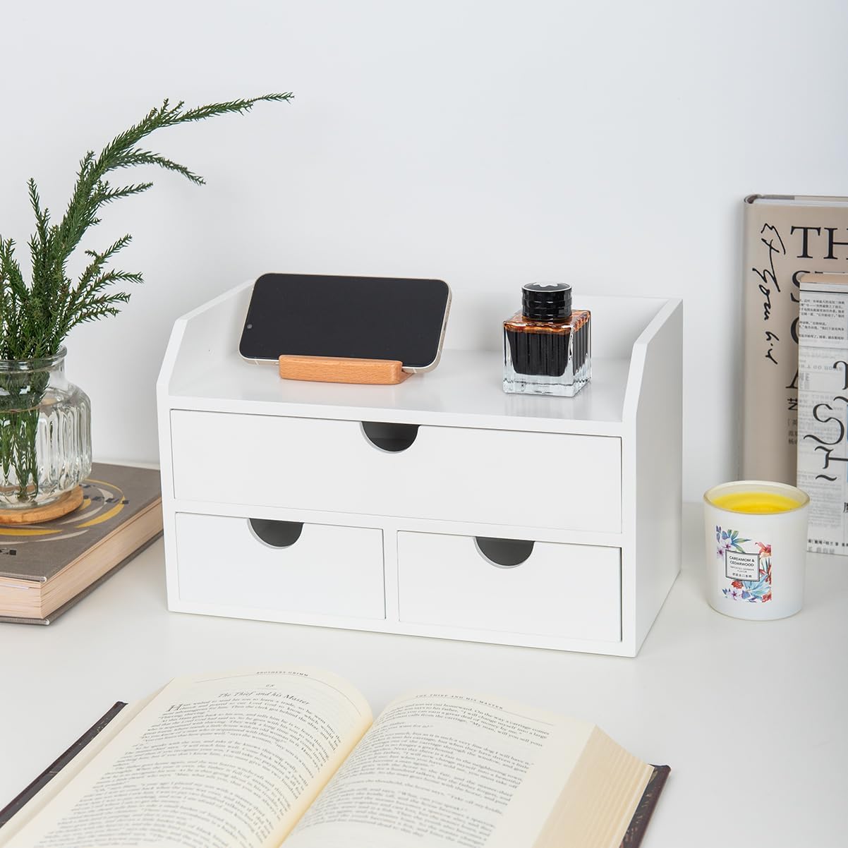 ROSE BLOOM White Wood Desk Organizer with 3 Drawer, Mini Cute Cabinet with Storage Shelf for Tabletop, Small Desktop Box Organizer for Cosmetic Office Supplies