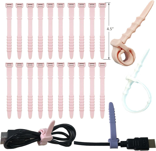 Reusable Silicone Zip Ties Cord Organizer: Silicone Cable Ties Straps for Cable Management - 20PCs 4.5” Pink Elastic Wire Cord Organizer for Home Office and Travel