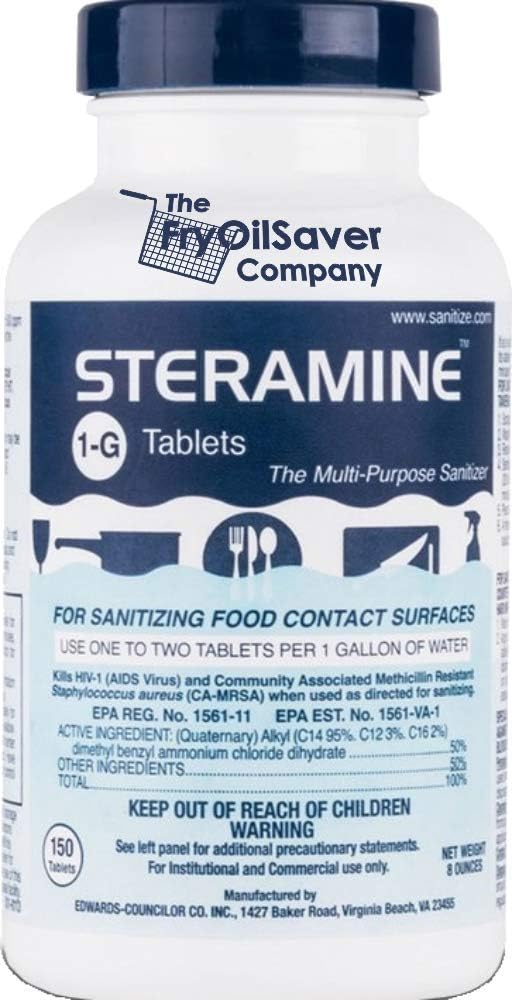 4x Steramine Sanitizer Tablet Bottle by FryOilSaver Co., 4-Pack(600 Tablets) Multi Purpose Sanitizing Tablets for Food Contact Surface, Kitchen, Restaurant Cleaning w/ 15x Test Kit of QT-10 Test Strip