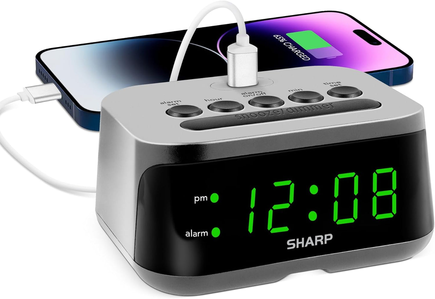 Sharp Digital Alarm Clock with Super Fast USB-C Charge Port & Green LED Display
