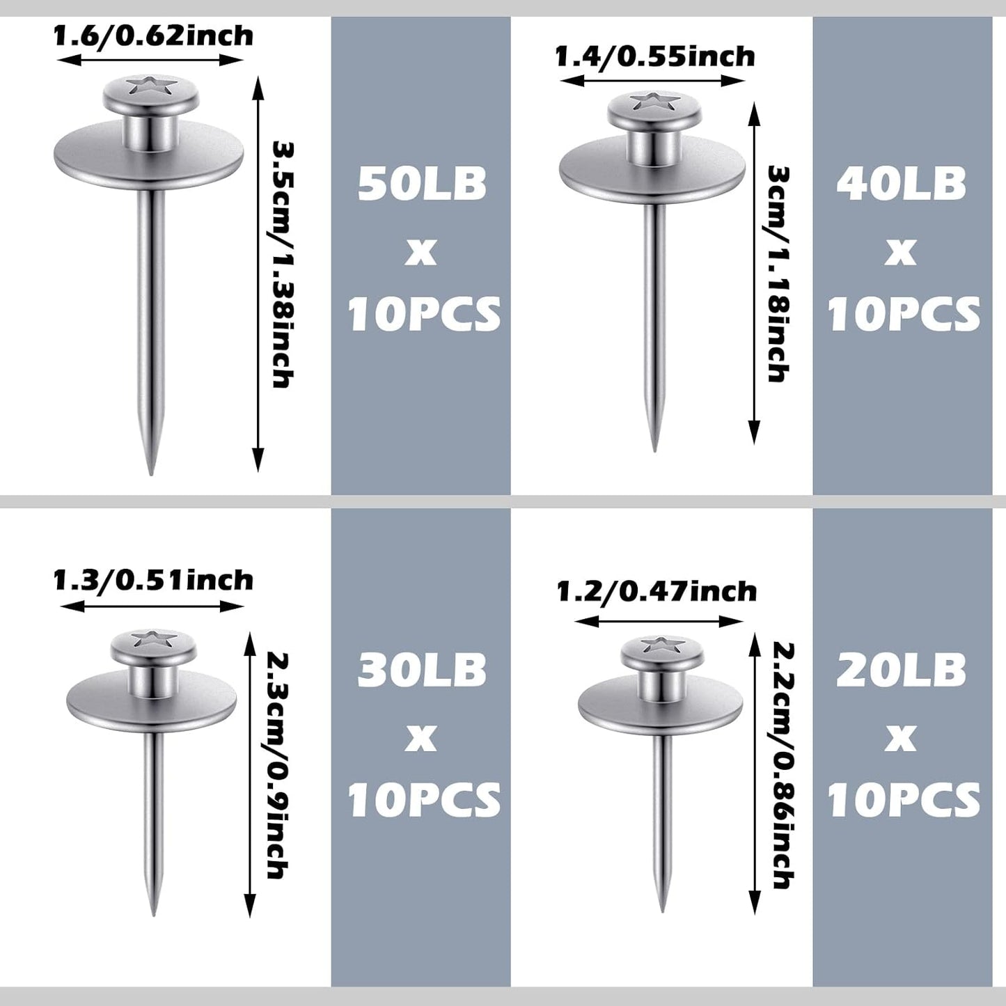 Zhengmy 40 Pcs Double Headed Picture Hangers Nails 4 Size Long Thumb Tacks Wall Nails for Hanging Pictures Decorative Push Pins Hooks for Drywall Photo Office Home Decor, 20/30/ 40/ 50lb(Silver)