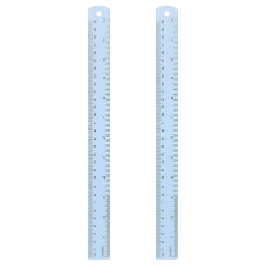 HARFINGTON 2pcs Metal Straight Ruler 30cm Metric SAE Aluminum Alloy Measuring Rulers Scale Tool with Hole for Measure Study Reading Classroom Office, Light Blue