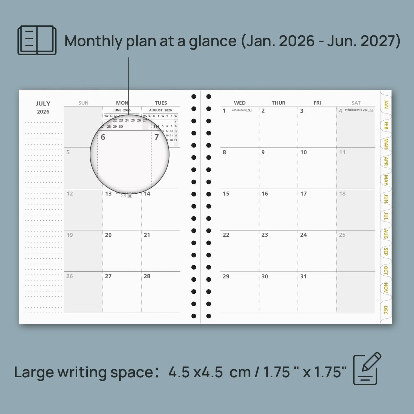 POPRUN Monthly Planner 2026-2027 Spiral Hardcover (8'' x 10''), 18 Months Calendar (Jan.2026-Jun.2027) - 2 Pages per Month with Dotted Note Pages, Sunday Start, Laminated Tab - Midnight Green