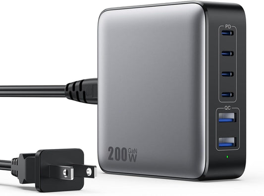 USB C Charger Block 200W[2025 Upgraded] GaN III 6 Port Fast Charging Station Hub,PD 65W USB C Laptop Charger Compatible with MacBook Pro/Air,iPad,iPhone 16/15,Galaxy S23/S24 Steam Deck Dell XPS etc