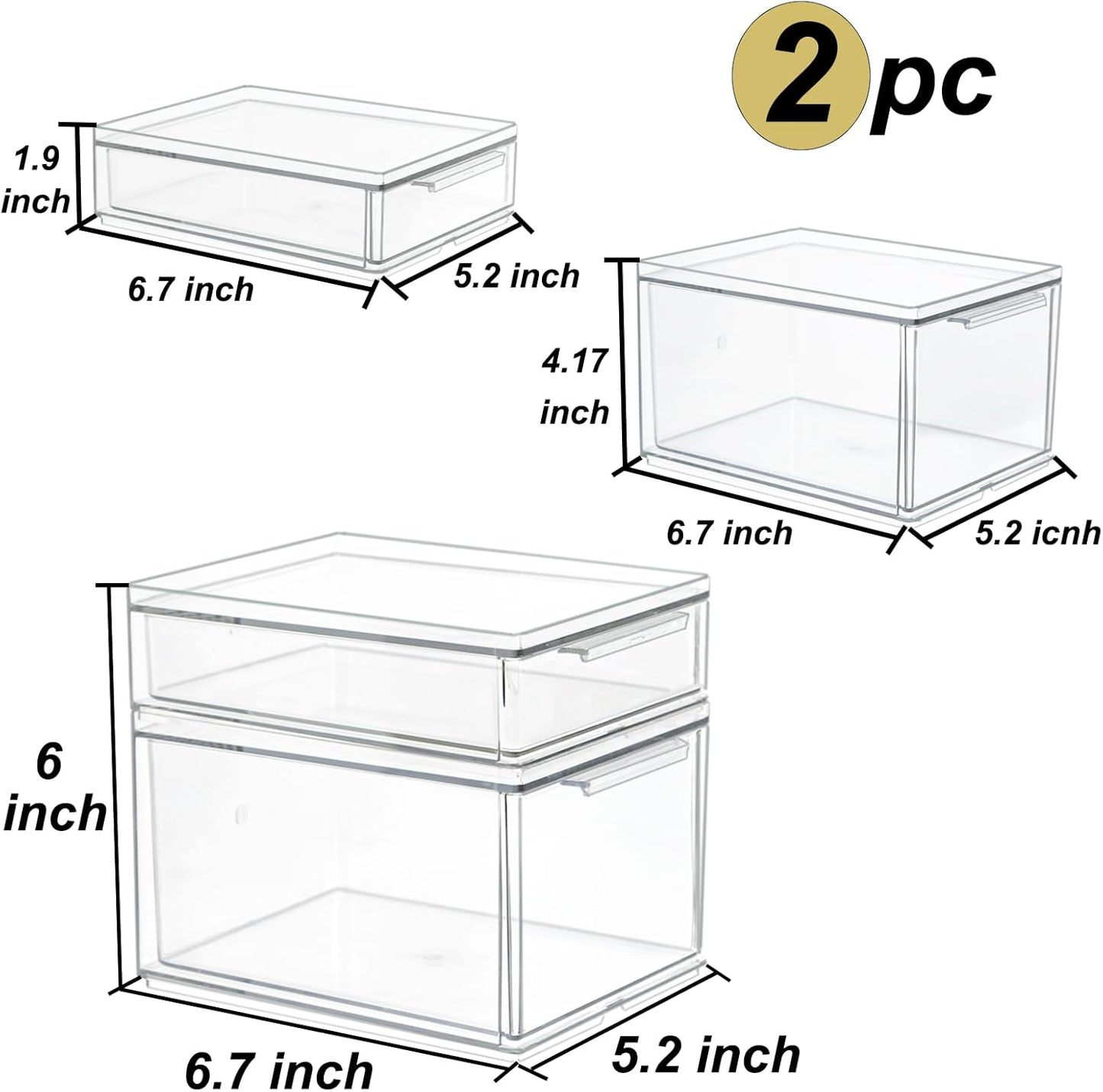 Set of 2 Stackable Storage Drawers - 6.7" Clear Plastic Drawer Storage, Acrylic Makeup Organizer, Desk Counter Cabinet Office Organizer, Bathroom Organizers and Storage (Modern/Set of 2)