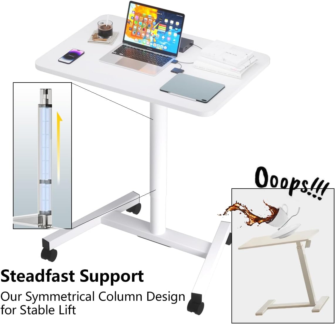 28-Inch Mobile Standing Desk Adjustable Height, Portable Standing Desk with Lockable Wheels, Rolling Table for Home Office Classroom Hospital (Snow-White)