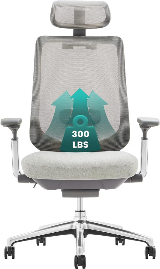 COLAMY Ergonomic Mesh Office Chair, High Back Computer Executive Desk Chair with Adjustable Headrest and 4D Arms, Slide Seat, Tilt Lock-Light Grey