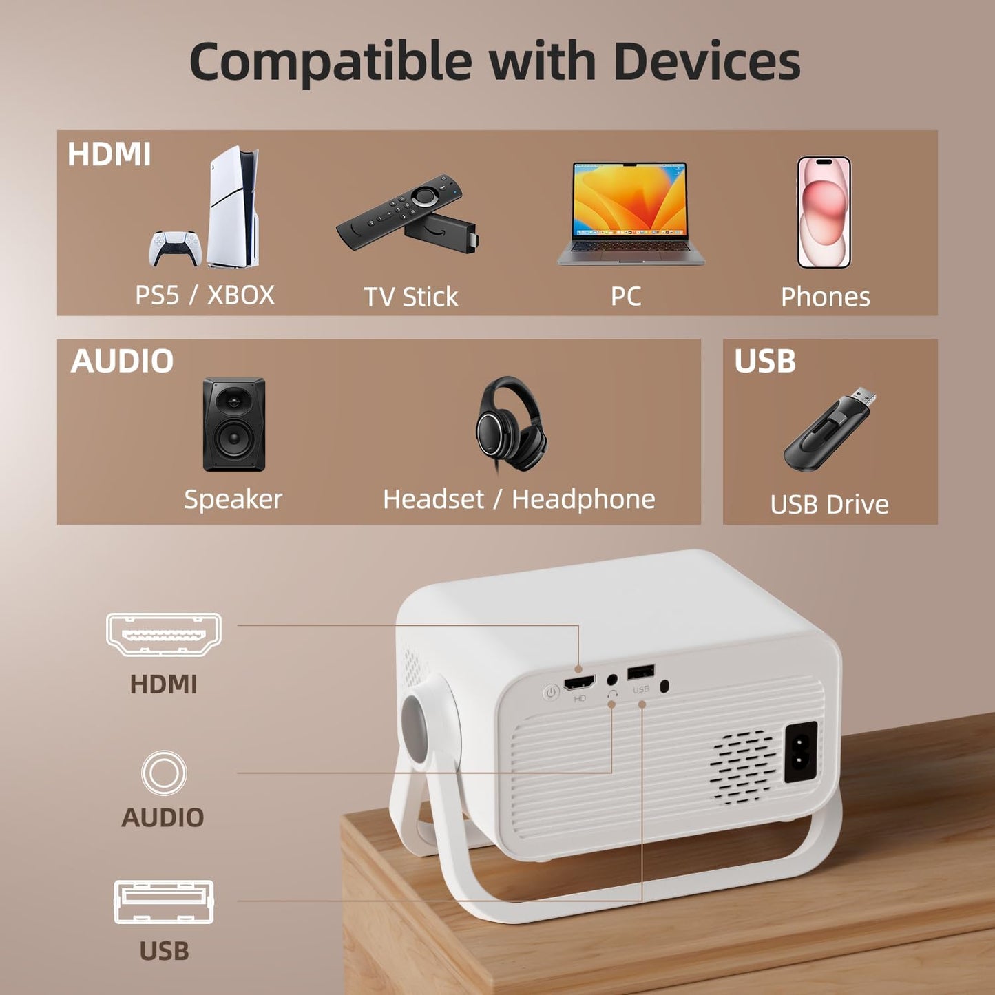 BKZ 2025 upgraded 360°Adjustable Dual Stand AI Auto Keystone Electric Focus Mini Portable Projector with Bluetooth 5.4, 1080P support Outdoor movie Projector compatible with HDMI/USB/Phone (Gray)