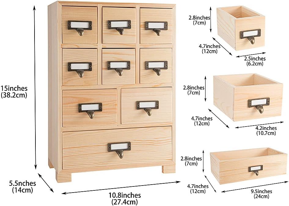 Apothecary Cabinet with 9 Drawers & Labels Rustic Library Card Catalog Cabinet Desktop Wooden Storage Box for Organize Herbal、Tea Bag、Jewelry (Wood)