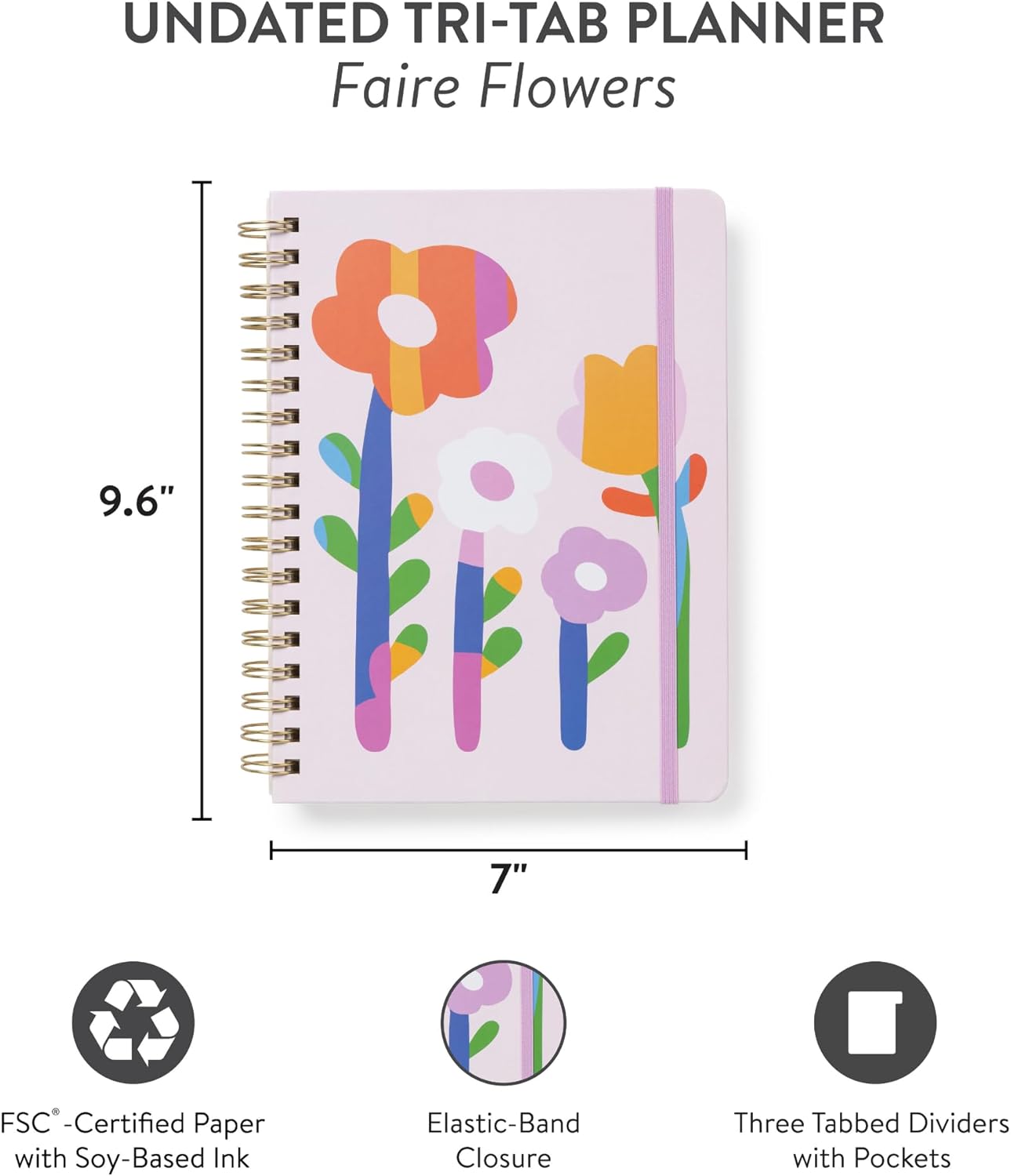 Orange Circle Studio Undated Tri-Tab Academic Planner 2026, Faire Flowers, Daily Notebook Journal, Cute Weekly and Monthly Calendar with Pocket, Stickers, Lined Pages for To Do lists and Planning