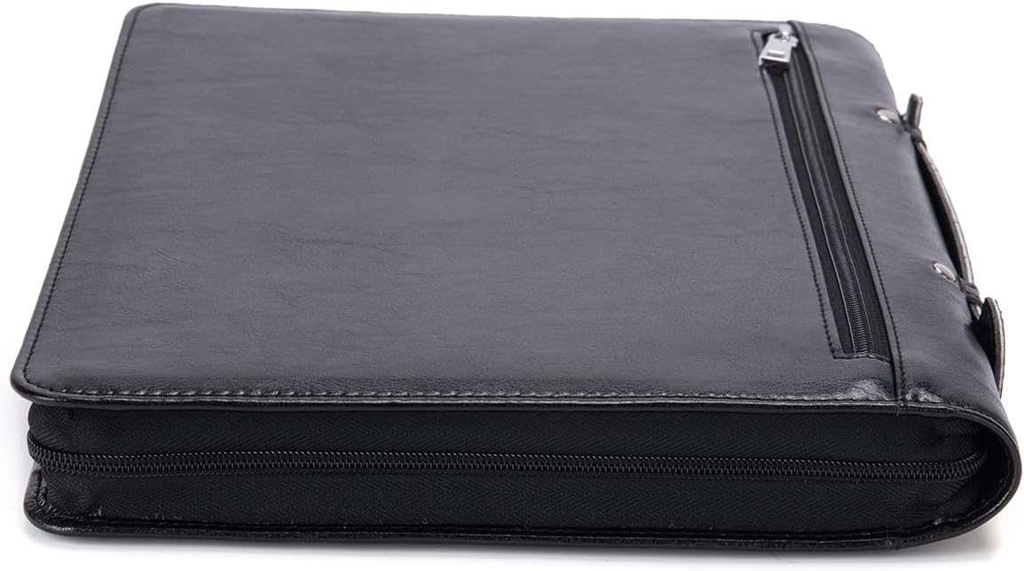 Vegan Leather Portfolio with Hidden Handle, Zippered Front Pocket, Business Padfolio for Men and Women, 8.5 x 11 Legal Pad Notebook Holder, Office Letter Notepad Folio, Black