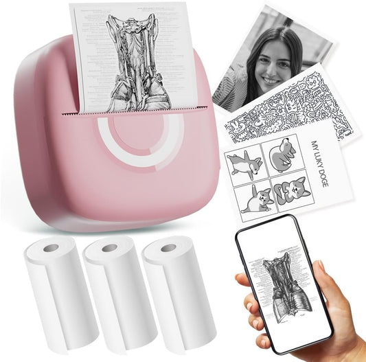 Mini Printer Sticker Thermal Printer with 3 Rolls Paper, Bluetooth Portable Phone Print Pods,Study Sticker Maker for Pictures, Photos, Journals, DIY, Compatible with Phone & Tablet
