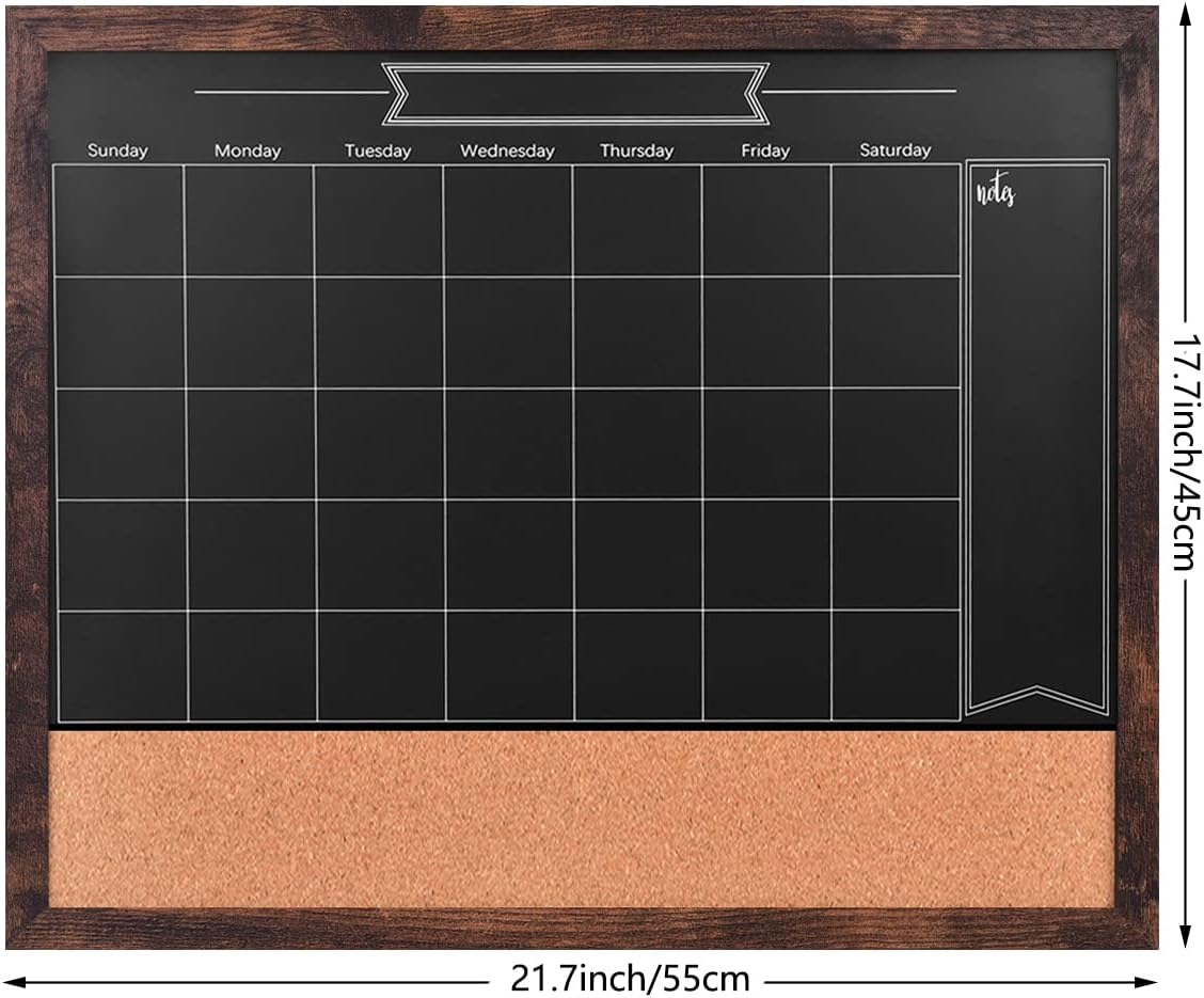 TORASO Magnetic Chalkboard Calendar Corkboard, 17.7" x 21.6" Combination Chalk Board Bulletin Board, Walnut Brown Framed Blackboard Calendar Cork Combo Board(ZHHB-BN-4555)