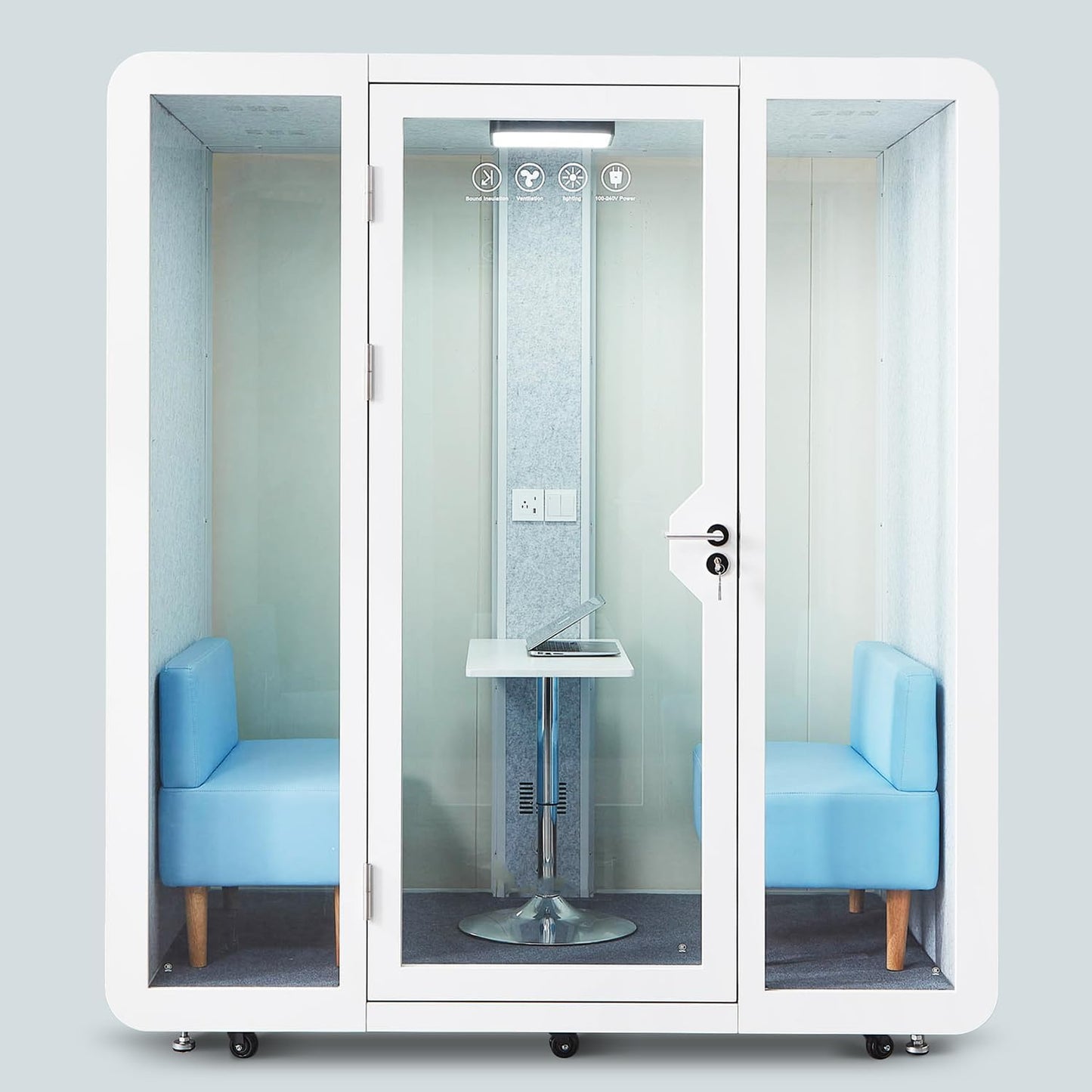 Mobile Office Pod Booth, Sound Pod, Large Space SoundProof Pod 2-4 People, Sound Booth Mobile Roller, LED Lighting, Centrifugal Fans and AC USB Ports - for 2-4 Persons White