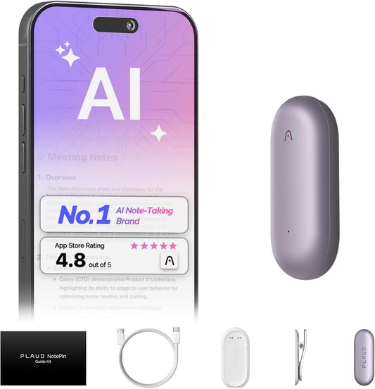 NotePin Voice Recorder, AI Voice Recorder, App Control, AI Notetaker, AI Transcribe & Summarize, Support 112 Languages, 64GB Memory, Audio Recorder for Lectures, Meetings, Sunset Purple