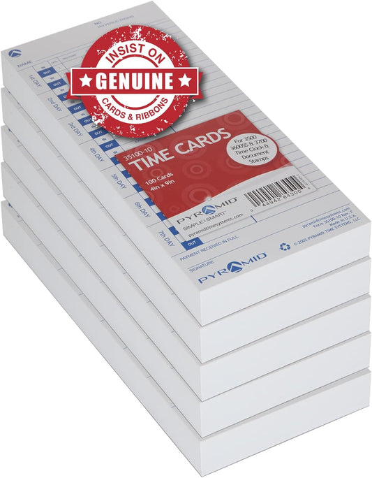 Pyramid Time Systems - 30% Recycled Time Cards (35100-10PK5) for Pyramid Models 3500, 3500ss, 3600SS, and 3700 Time Clock and Document Stamp, Single Sided Time Sheets (4 X 9 in) - 500 Time Cards