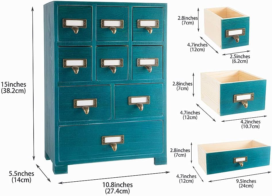 Apothecary Cabinet with 9 Drawers & Labels Rustic Library Card Catalog Cabinet Desktop Wooden Storage Box for Organize Herbal、Tea Bag、Jewelry (Blue)