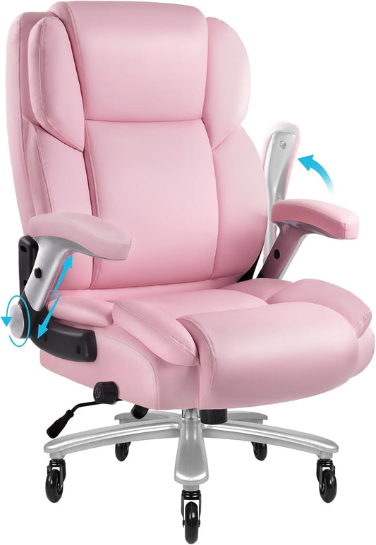 Big and Tall Office Chair 600lbs, Heavy Duty Executive Office Chair for Heavy People, Pink High Back Office Leather Ergonomic Chair with Adjustable Armrests and Lumbar Support for Computer Desk Chair