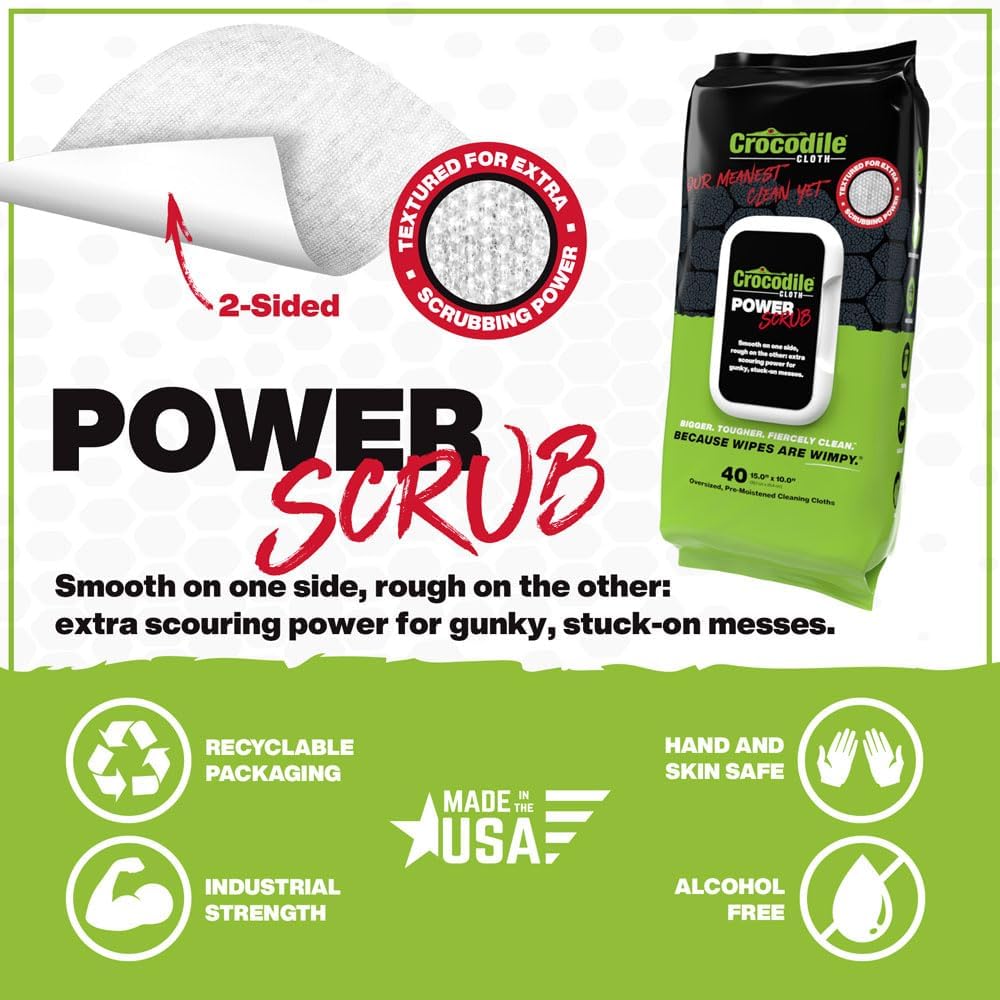 Crocodile Cloth Power Scrub - 40 (15" x 10") Heavy Duty Cleaning Wipes. Safe on Skin & Multiple Surfaces. Infused with Aloe & Vitamin E. Textured, Large, Pre-Moistened & Absorbent.