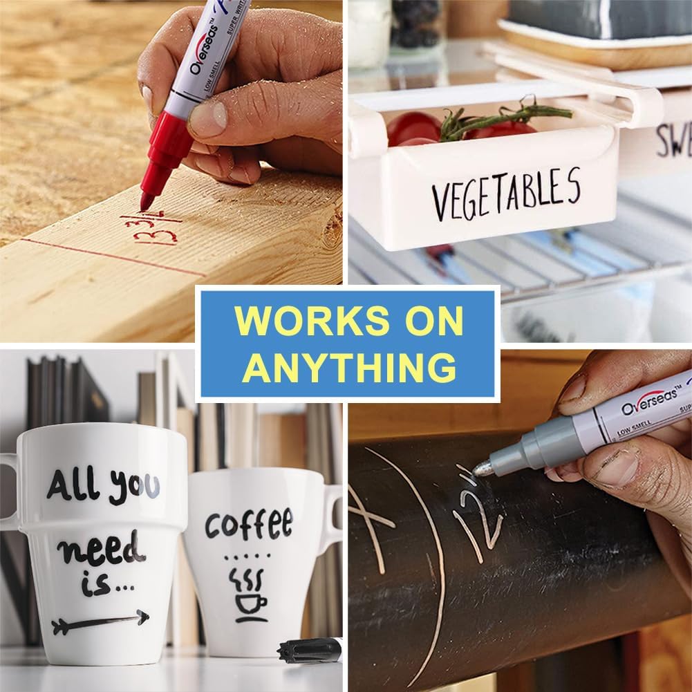 Overseas Permanent Paint Pens Silver Markers - 2 Pack Metallic Oil Based Paint Markers, Medium Tip, Quick Drying and Waterproof Marker Pen for Metal, Rock Painting, Wood, Plastic, Canvas, Mugs