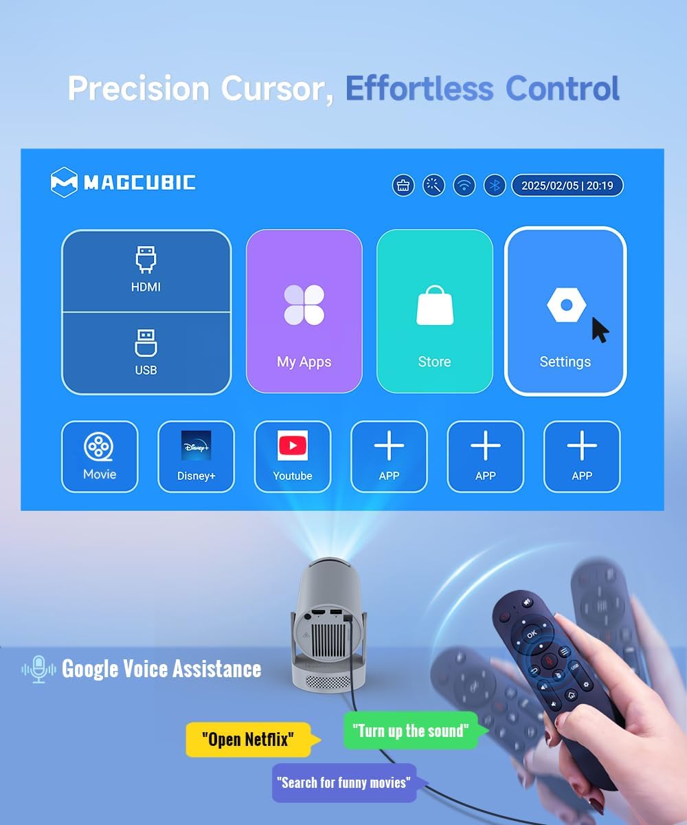 Mini Projector with WiFi 6 and Bluetooth 5.4, Portable Projector 4K support, 5w Soundbase Speaker, Auto Vertical Keystone 180°Rotatable Smart Proyector for Movie Home Outdoor HY300Pro+ (Grey)